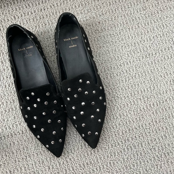 COPY - Black Suede Studio Silver Studded Black Pointed Toe Loafers - Size 8.5 - Picture 4 of 6